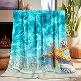 Coastal Beach Blanket Gifts for Women Girls, Super Soft Ocean Starfish Seashell Coastal Beach Theme Decor Throw Blanket for Kids Adults, Warm Cozy Fuzzy Plush Fleece Flannel Blankets 50"X40" for Couch