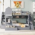 Aiuyesuo Full-Over-Full Bunk Bed, Castle Style Bunk Bed with 2 Drawers and 3 Shelves, Solid Wood Bunk Beds with Slide and Storage Staircase, Playhouse Low Bunk Bed for Kids Teens (Gray-O273)