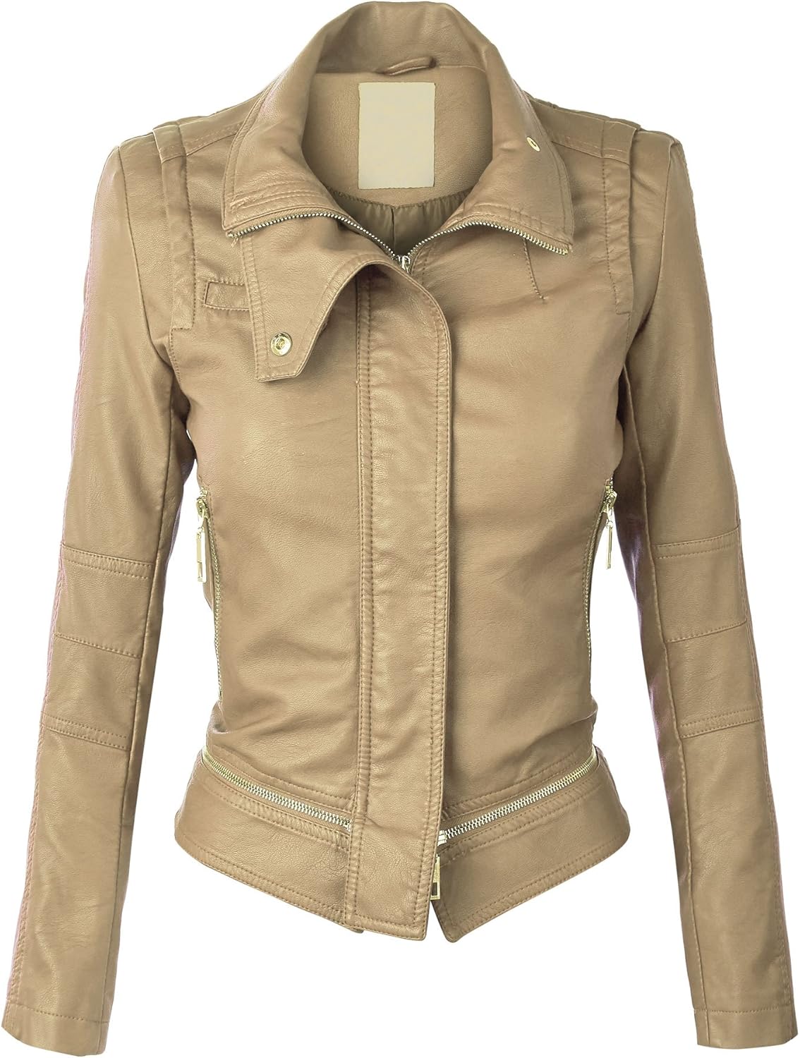 Download Made By Johnny WJC864 Womens Faux Leather Mock Collar Zip Up Biker Jacket L Khaki at Amazon ...
