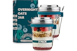 OATOLOGY Glass Overnight Oats Jar Container | Unique Leakproof Stainless Steel Lids, Spoon, Thick Glass | Breakfast Pots Maso