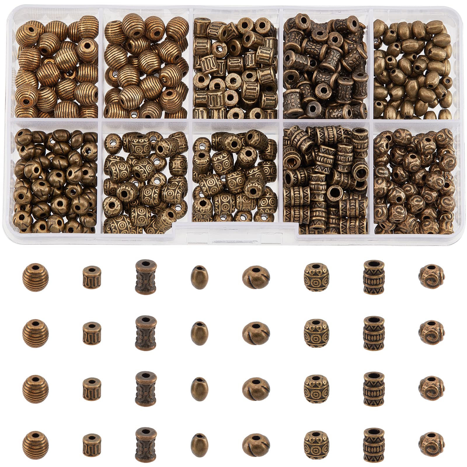 NBEADS 480 Pcs 8 Styles Tibetan Style Alloy Spacer Beads, Tube Oval Round Metal Beads Barrel Round Column Spacer Beads Loose Beads for DIY Jewelry Craft Making, Antique Bronze