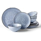 Famiware Dinnerware Sets for 4, Ocean Round 12-Piece Kitchen Plates and Bowls Sets, Reactive Glaze, Microwave and Dishwasher Safe, Scratch Resistant, Blue