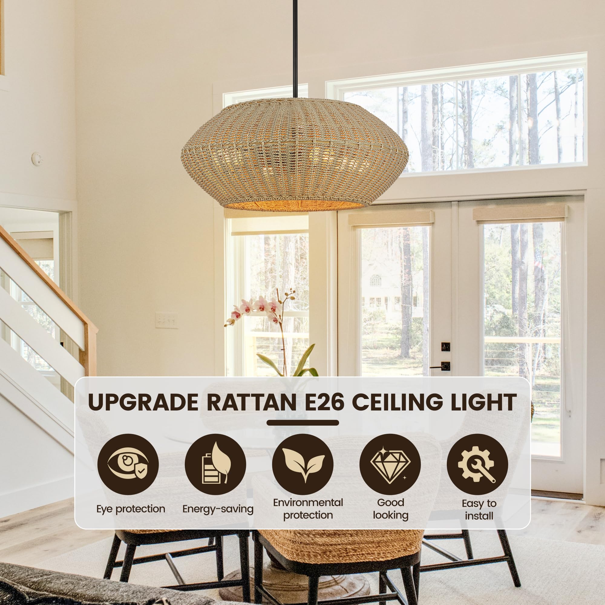 Condition photo showing New/Like New for prime ray 4-light rattan chandelier for dining room, 20" handwoven seagrass pendant light, brown wic