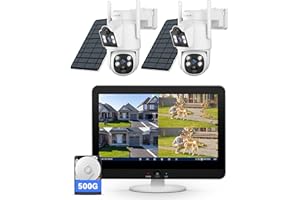 VORGUT Solar Security Camera System Wireless Outdoor, 2K Dual Lens (3MP+3MP) Home Security Camera System Outside, 2.4G/5G WiFi, 355° PTZ, Human Detection Alarm, 16CH 12'' Monitor NVR (500G HDD)