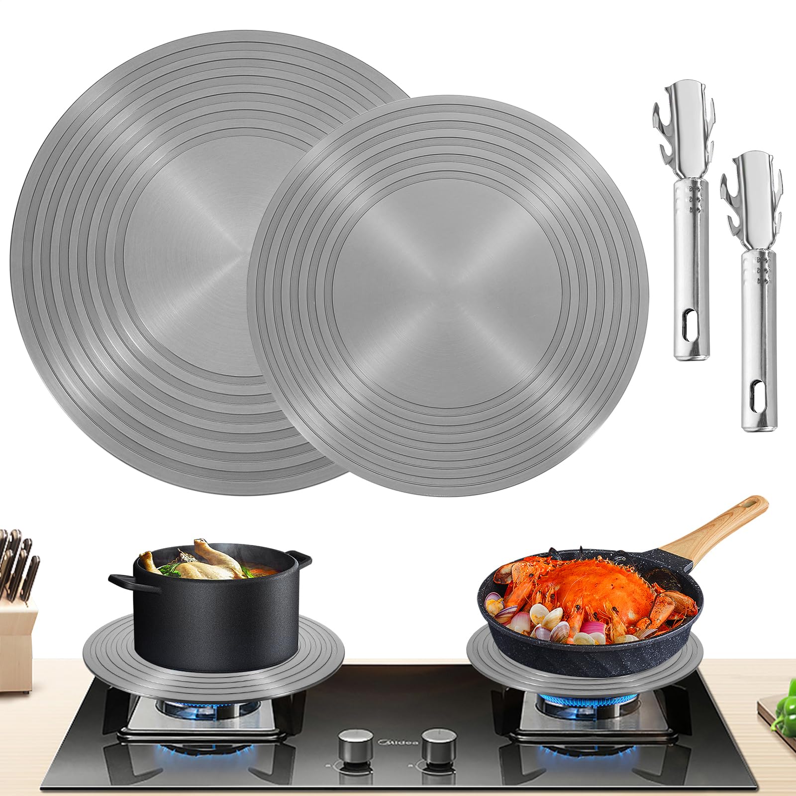 Photo 1 of 2 Pack Gas Stove Heat Diffuser Plate, Round Fast Defrosting Tray Aluminum Non-Stick Coating Cookware Simmering Thawing Plate Conduction Multifunctional, Flame Guard Protection Stovetop (9.3'' & 11'')