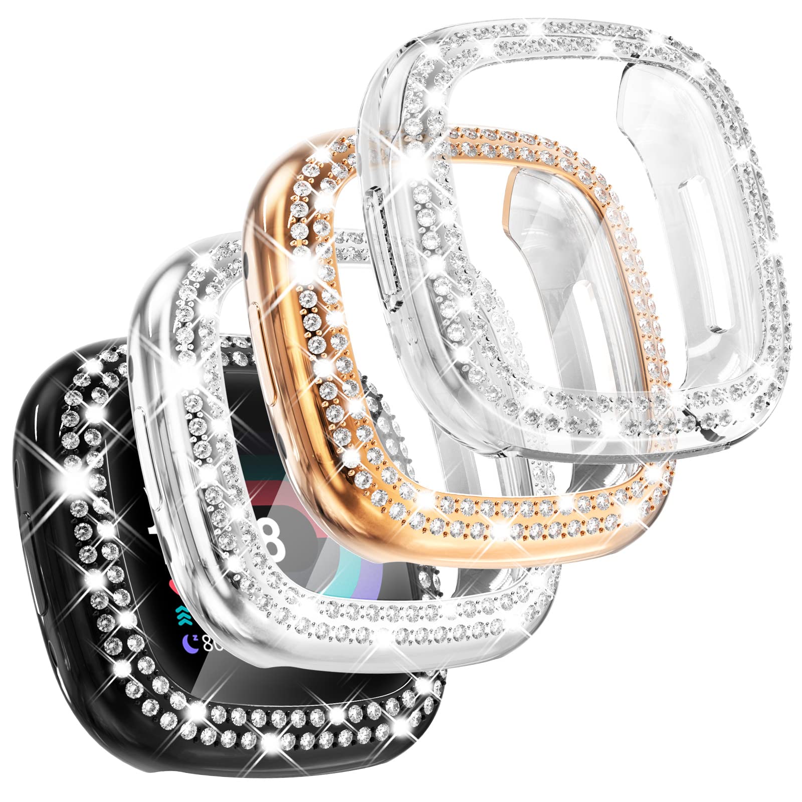 CHANCHY 4 Pack Compatible with Fitbit Versa 4 Screen Protector Case, Soft TPU Full Protective Case Cover Bumper Bling Crystal Diamond Frame for Fitbit Versa 4 Smart Watch, Rose Gold/Clear/Silver/Black
