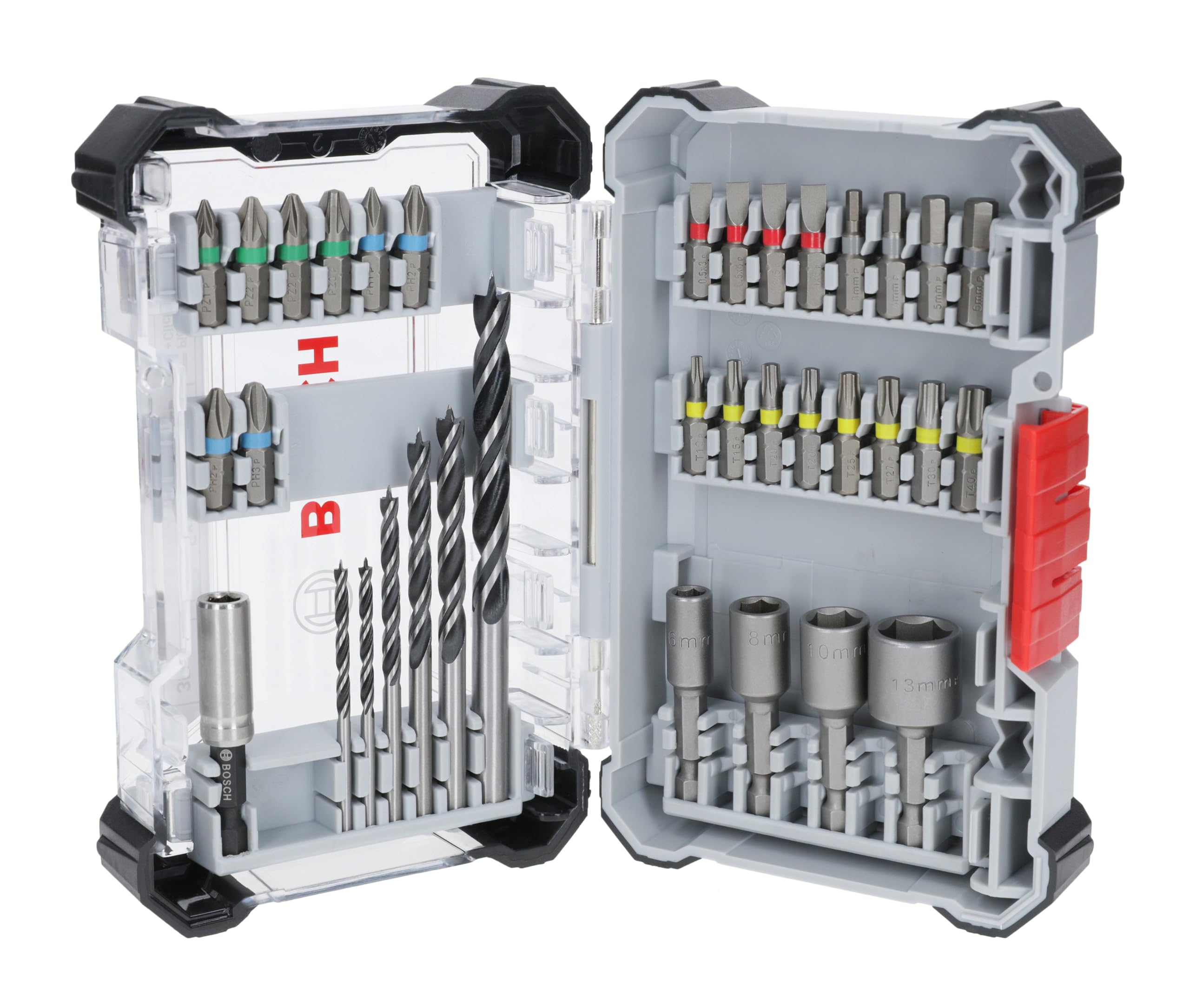 Bosch 35x Extra Hard Schrauberbit‑ und PRO Wood Bohrer-Set, 35‑tlg. (197 x 110,5 mm, Professional Zubehör Schraubendreher, Bohrschrauber)