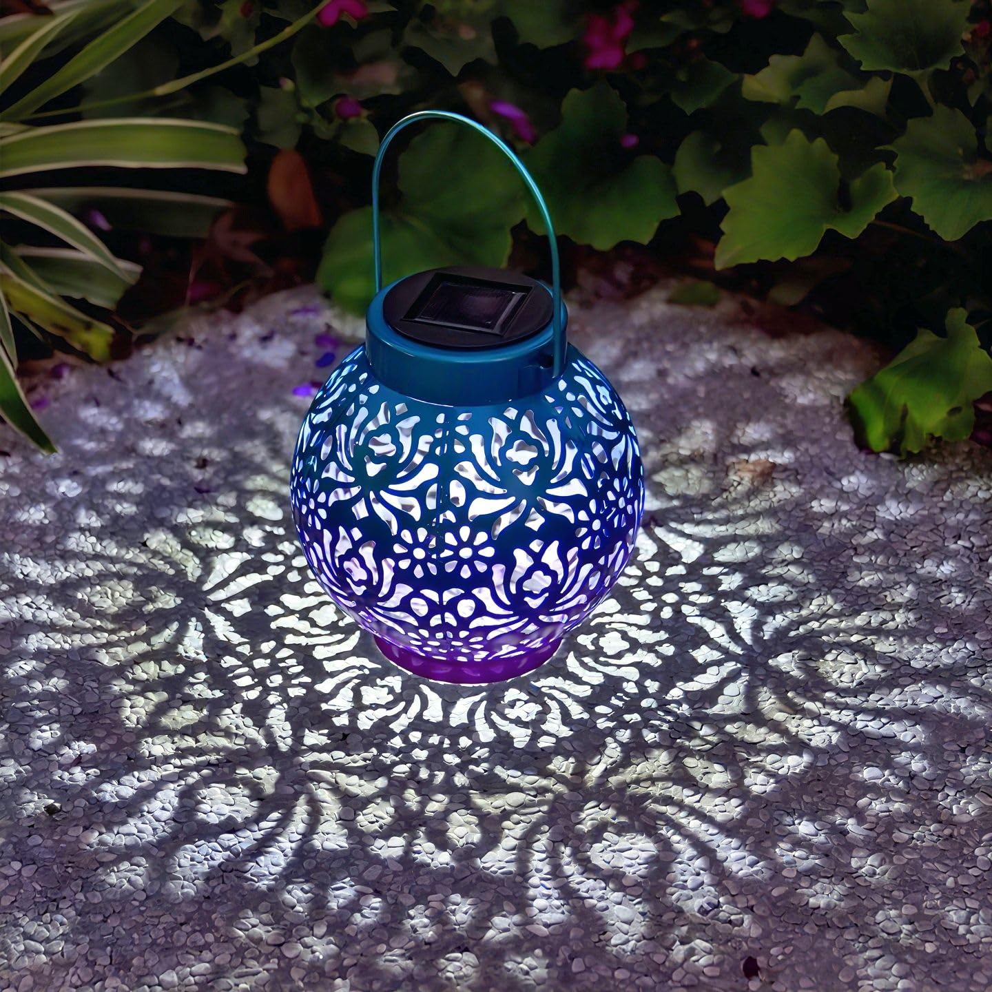 Photo 1 of Outdoor Solar Hanging Lantern Lights Metal LED Decorative Lamp for Garden Patio Courtyard Lawn and Table with Hollowed-Out Design (Royal Purple)