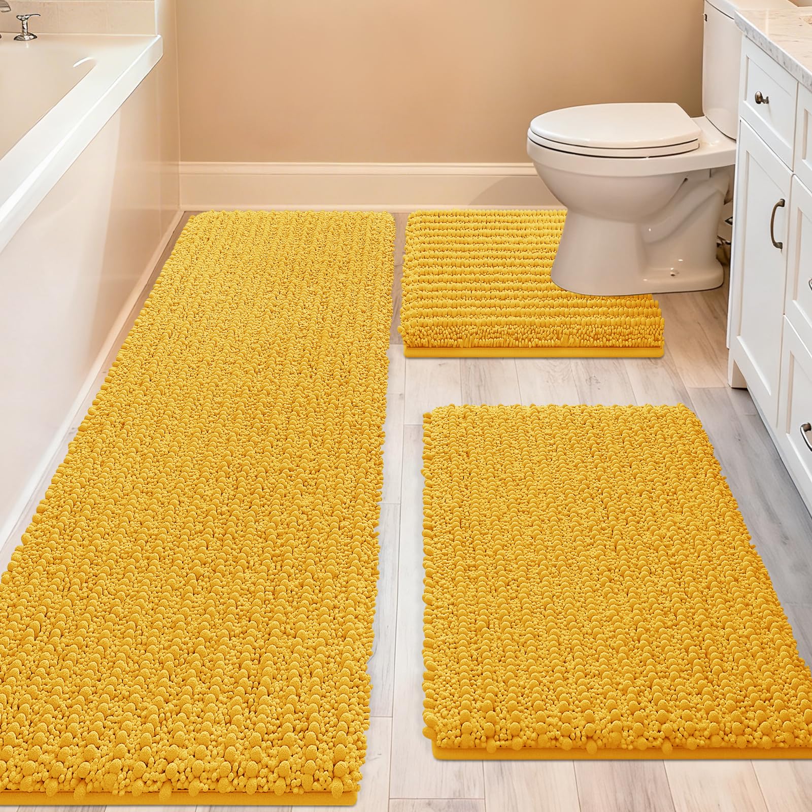 ACCUMTEK Upgrade Extra Large Gold Bathroom Rug Set 3 Pieces Ultra Soft, Thick Absorbent Bath Mats, Non Slip Chenille Toilet Mat for Bathroom, Bedroom, Kitchen, Yellow Image