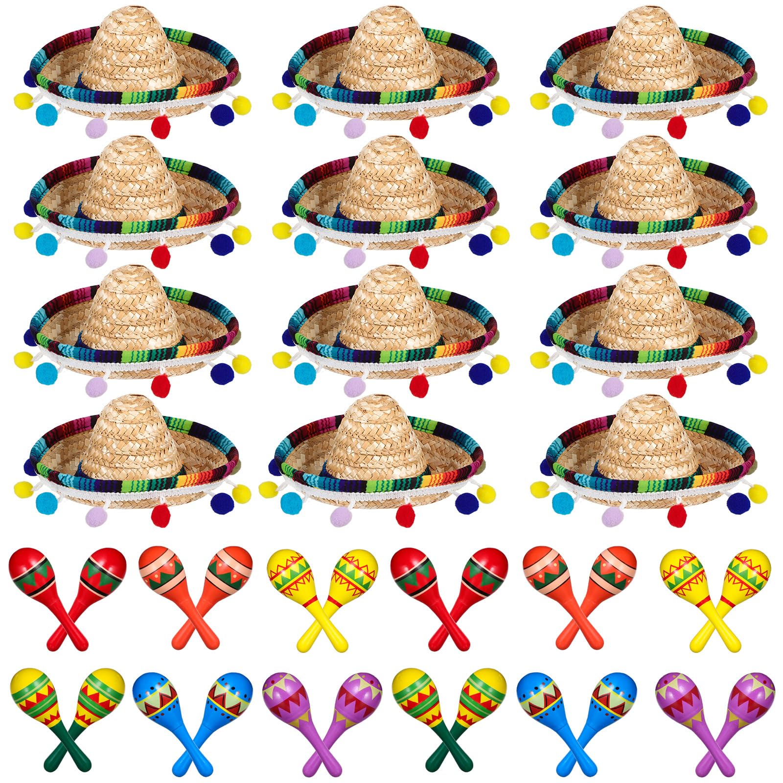 Photo 1 of Honoson 12 Pcs Wooden Fiesta Maracas 6 Cinco De Mayo Mini Sombrero Top Hat for Sombrero Mexican Party Decor(36 Pcs,Cute Style)