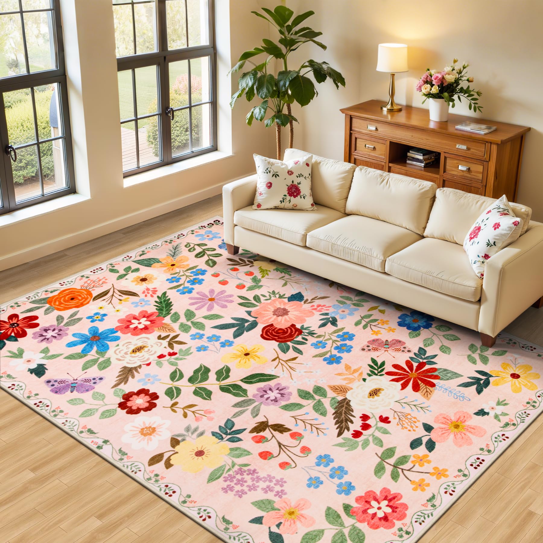 Area Rug Living Room Rugs: Floral 4x6 Washable Rug Vintage Soft Boho Non-Slip Carpet Indoor Floor Stain Resistant Large Carpets for Bedroom Dining Room Farmhouse Nursery Hallway Home Office Beige Image