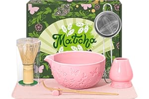 BANDICTION Matcha Whisk Set 7 PCS Matcha Bowl, Matcha Whisk and Holder, Bamboo Scoop and Scoop Rest, Stainless Sifter and Tea Towel Ceramic Matcha Set Japanese Matcha Kit for Matcha Lovers Pink