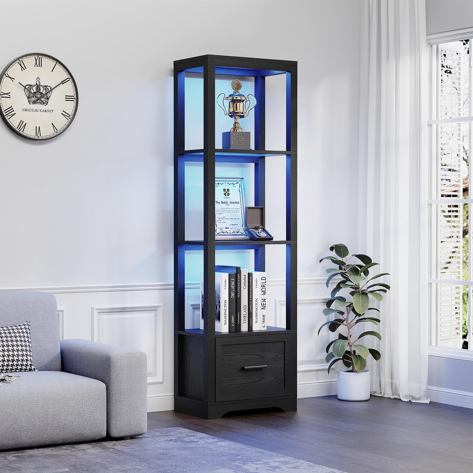 Photo 1 of *UNTESTED*
BROTTAR Display Shelf with 3 Color Light, Bookshelf with Drawer, Dimmable Display Cabinet for Collectibles, Bookcase, Display Case for Books, Trophies, Toys, Black