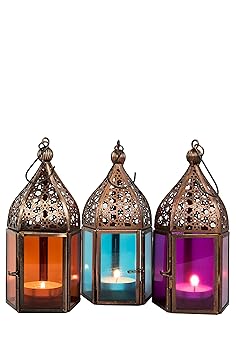 Orientalische Laternen 3 Set Laterne Meena bunt 16cm | 3x Orientalisches Windlicht aus Metall & Glas in 3 Farben | Marokkanis