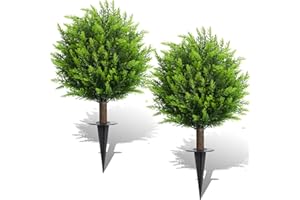 MYGROVE 26.5" Artificial Cedar Topiary Ball Trees, Set of 2 UV Resistant Fake Evergreen Trees Shrubs Bushes Artificial Plants with Ground Spike Faux Cypress Plants for Indoor Outdoor Front Porch Garden