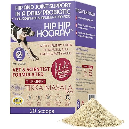 Fidobiotics Hip & Joint Support for Dogs, Daily Probiotics for Dogs with Glucosamine & Chondroitin for Gut Health and Mobility, Turmeric Tikka-Masala Flavor - 20 Servings