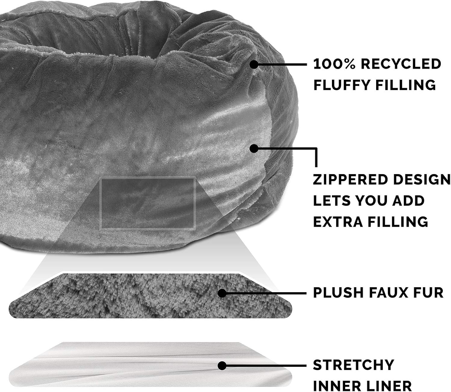 Furhaven Pet Dog Bed - Round Plush Faux Fur Refillable Ball Nest Cushion Pet Bed with Removable Cover for Dogs and Cats, Gray Mist, Large : Pet Supplies