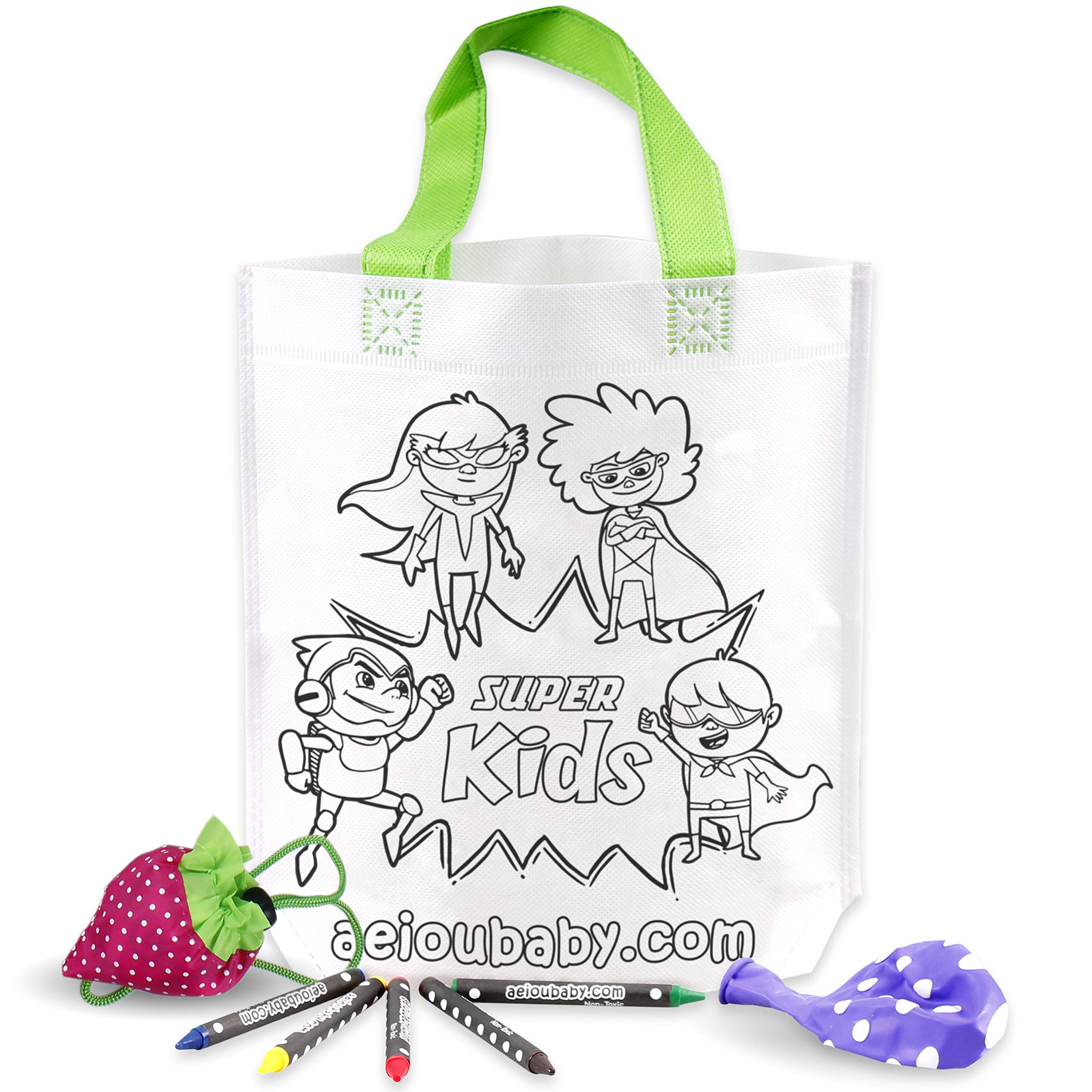 aeioubaby.com 30 Tote Bags Color Your Own + Reusable Bag | 30 Individual Bags, 5 Coloured Crayons and Balloon | Children's Gift for Parties and Birthdays (Heroes)