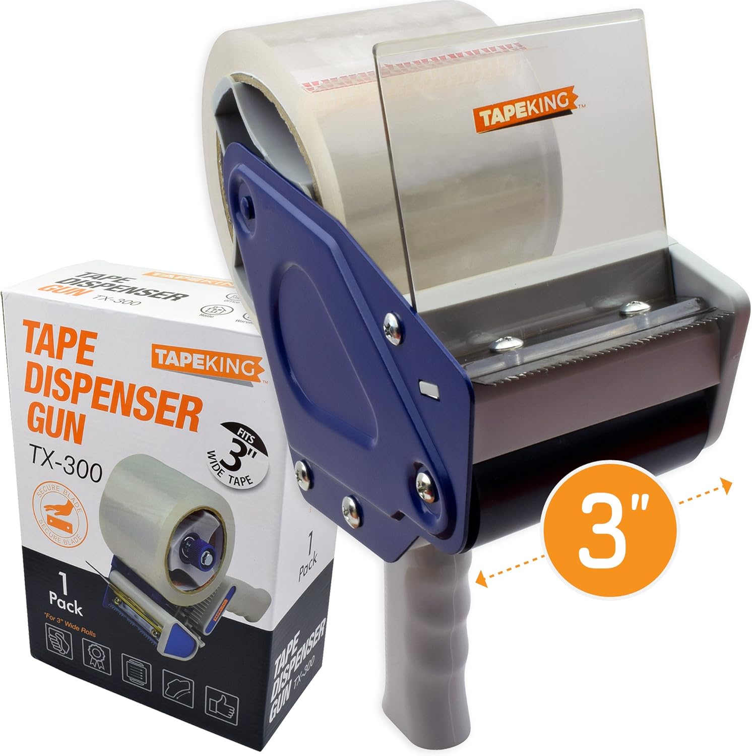 Tape King TX300 3 Inch Wide Packing Tape Dispenser Gun - Plus 1 Free Roll of Packaging Tape - Side Loading 3" Lightweight Ergonomic Industrial Gun for Shipping, Moving, Carton and Box Sealing : Office Products