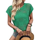 Dokotoo Womens Summer Crochet Tops Cap Sleeve Hollow Out Resort Wear Sweaters Lightweight Beach Vacation Clothes