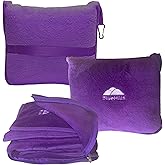 BlueHills Travel Blanket Pillow Premium Soft Plush for Airplane Travel Size Blanket Throw Long Flight Essentials in Compact Bag Plane Portable Lightweight Purple T021