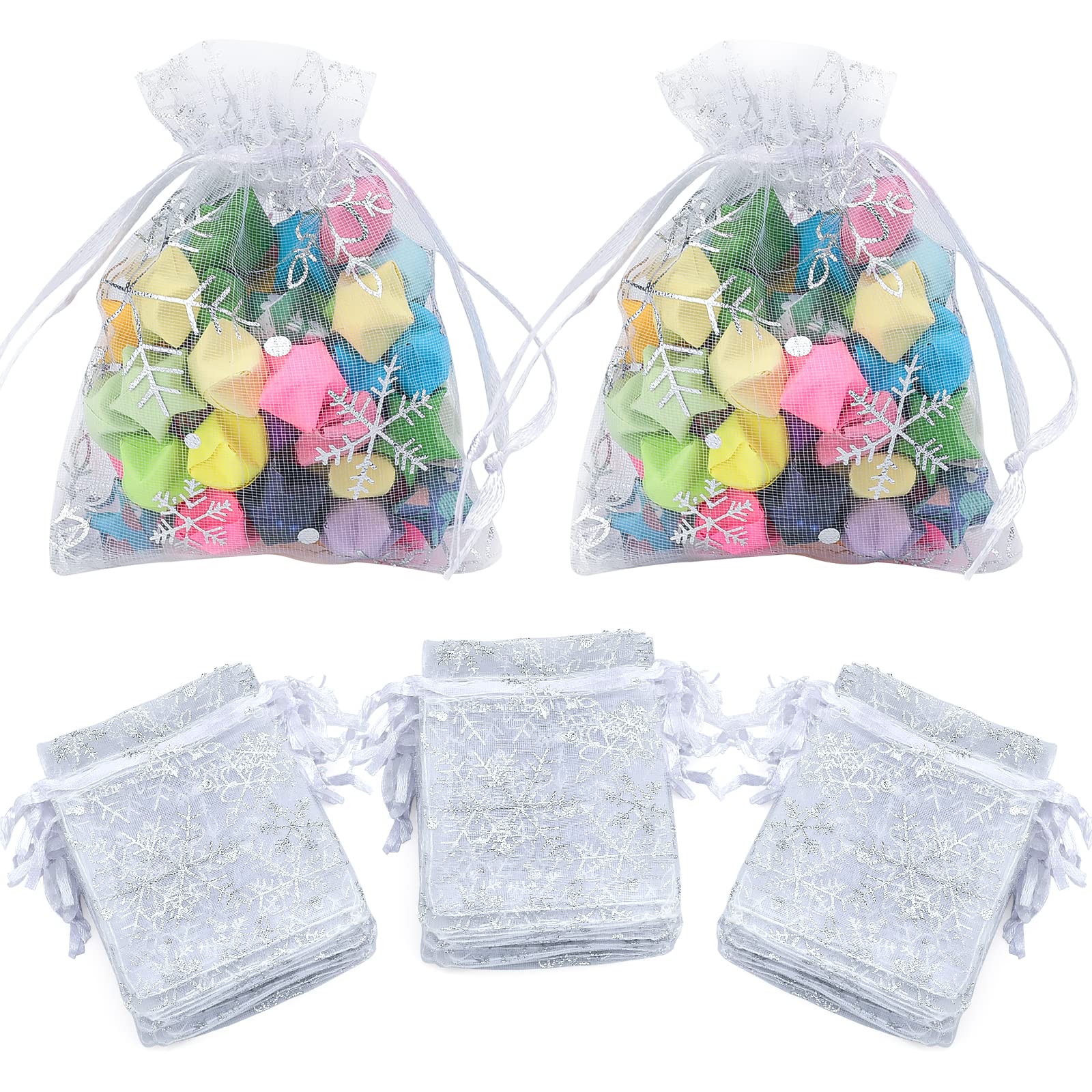 jijAcraft 100PCS Christmas Organza Bags: 7x9CM White Snowflake Organza Gift Pouches, Small Christmas Drawstring Favour Bags for Presents, Candy, Xmas Party Decoration