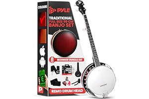 Pyle Banjo - 5-String 38” Full Size Resonator Banjo, 24 Brackets, Geared 5th Tuner, Includes Accessories
