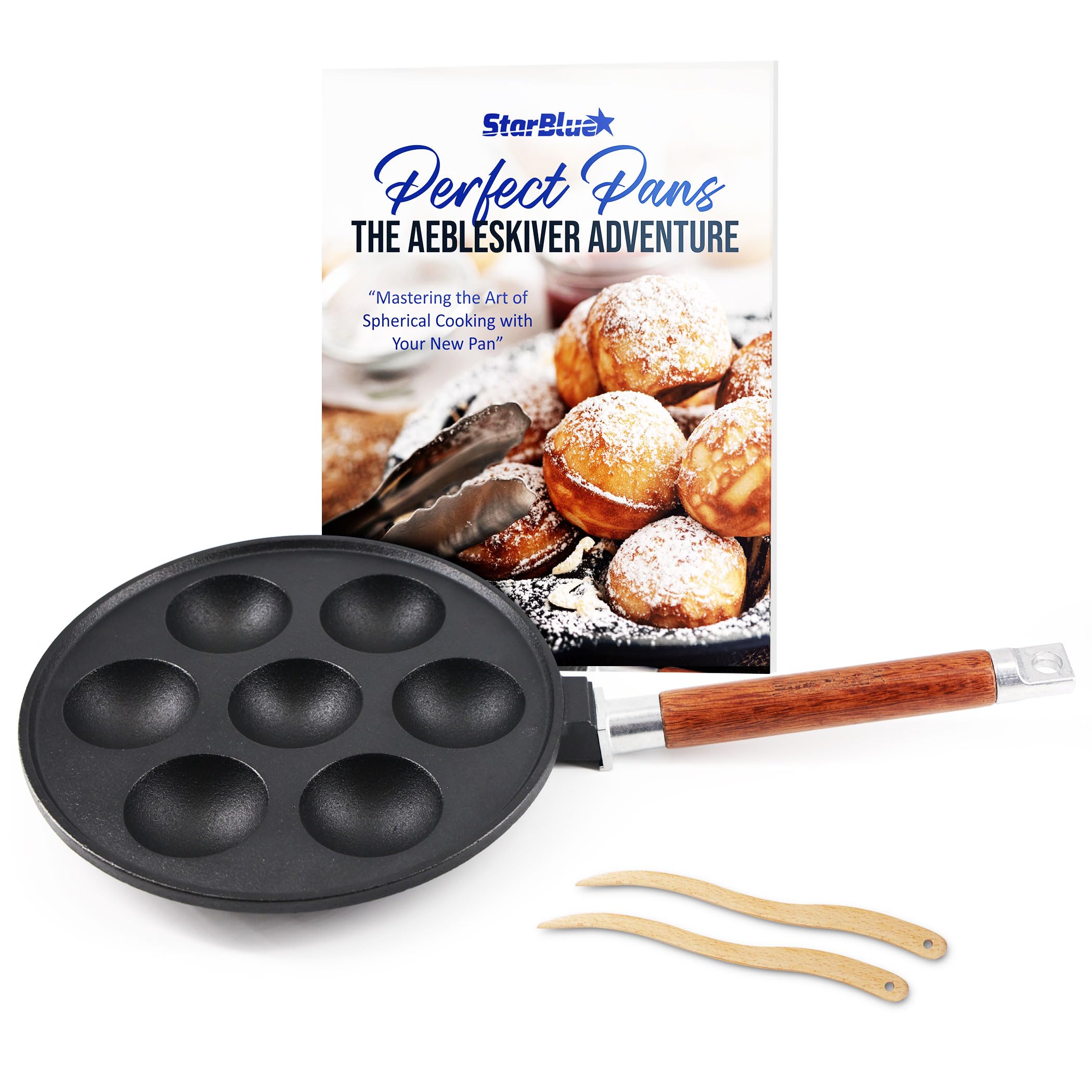 Photo 1 of (see all images) StarBlue 7-Hole Cast Iron Aebleskiver Pan Detachable Wooden Handle