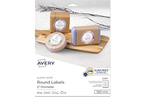 Avery Printable Round Labels, Sure Feed Technology, Glossy White Labels, 2" Diameter, Permanent Adhesive, Laser/Inkjet, 120 Total (22807)
