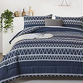 WONGS BEDDING Navy Blue Comforter Set Queen, Reversible Boho Triangle Down Alternative Comforter Set for Queen Bed - 3 Pieces (1 Comforter + 2 Pillowcases), Soft Microfiber Bedding Set 90"x 90"