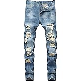 Men's Ripped Distressed Destroyed Straight Fit Washed Denim Jeans