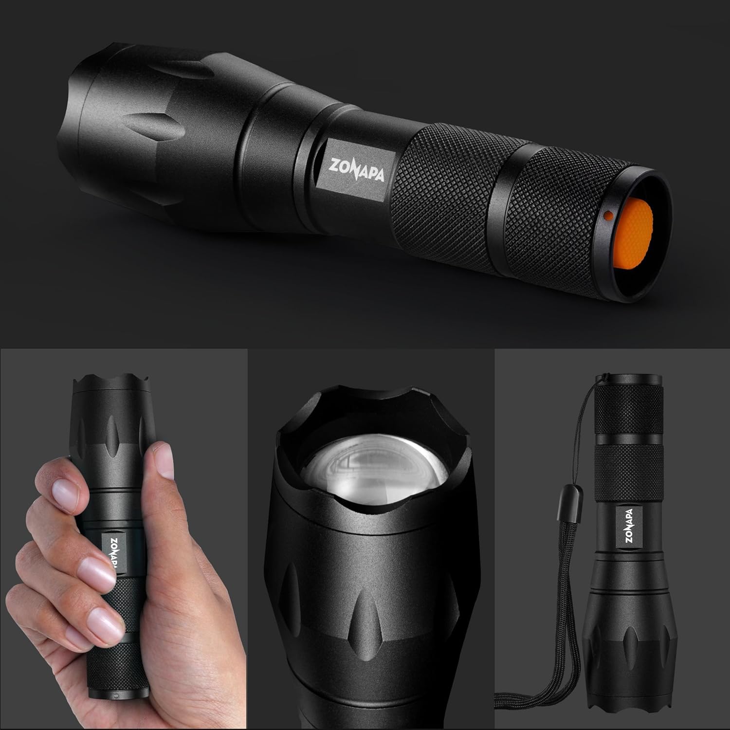 ZONAPA Tactical LED Flashlight (2-Pack) High Lumens, 5 Ultra-Bright Lighting Modes Strobe, SOS | Indoor, Outdoor Emergency, Camping, Hiking, Security | Waterproof, Zoomable - - 