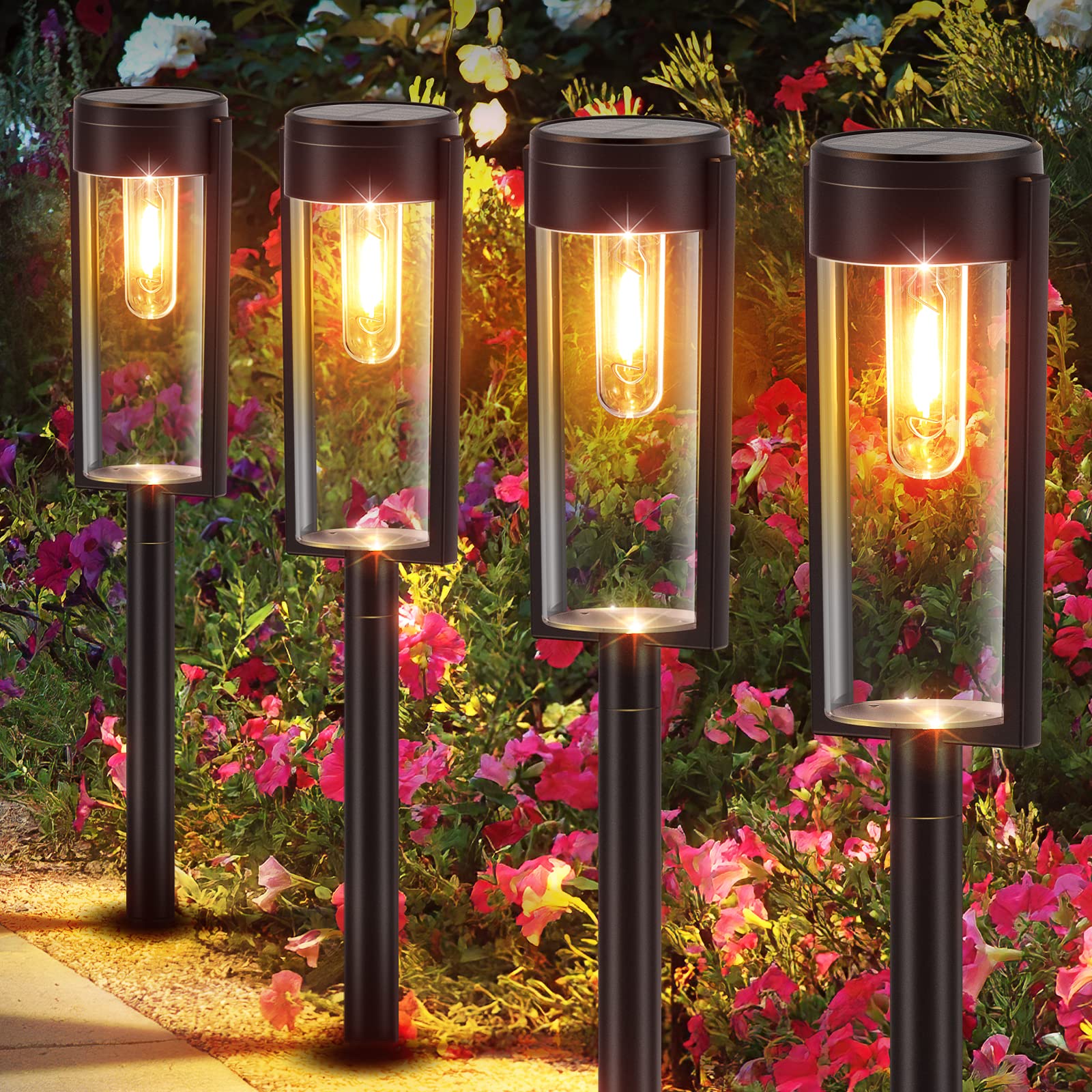 LETMY 4 Pack Garden Lights Solar Powered with Warm White Tungsten Filament Light, Waterproof Auto On/Off Solar Lights Outdoor Garden for Yard Pathway Patio Decorative