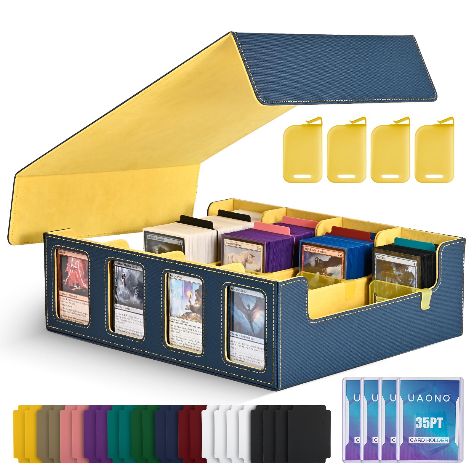 UAONO Trading Card Storage Box with Commander Display; 2400+ Deck Box for MTG with Removable Cover; Top Loaders Card Case fits Magic TCG PTCG Sports Cards; 24 Dividers, 4 Stoppers (Blue, Yellow)