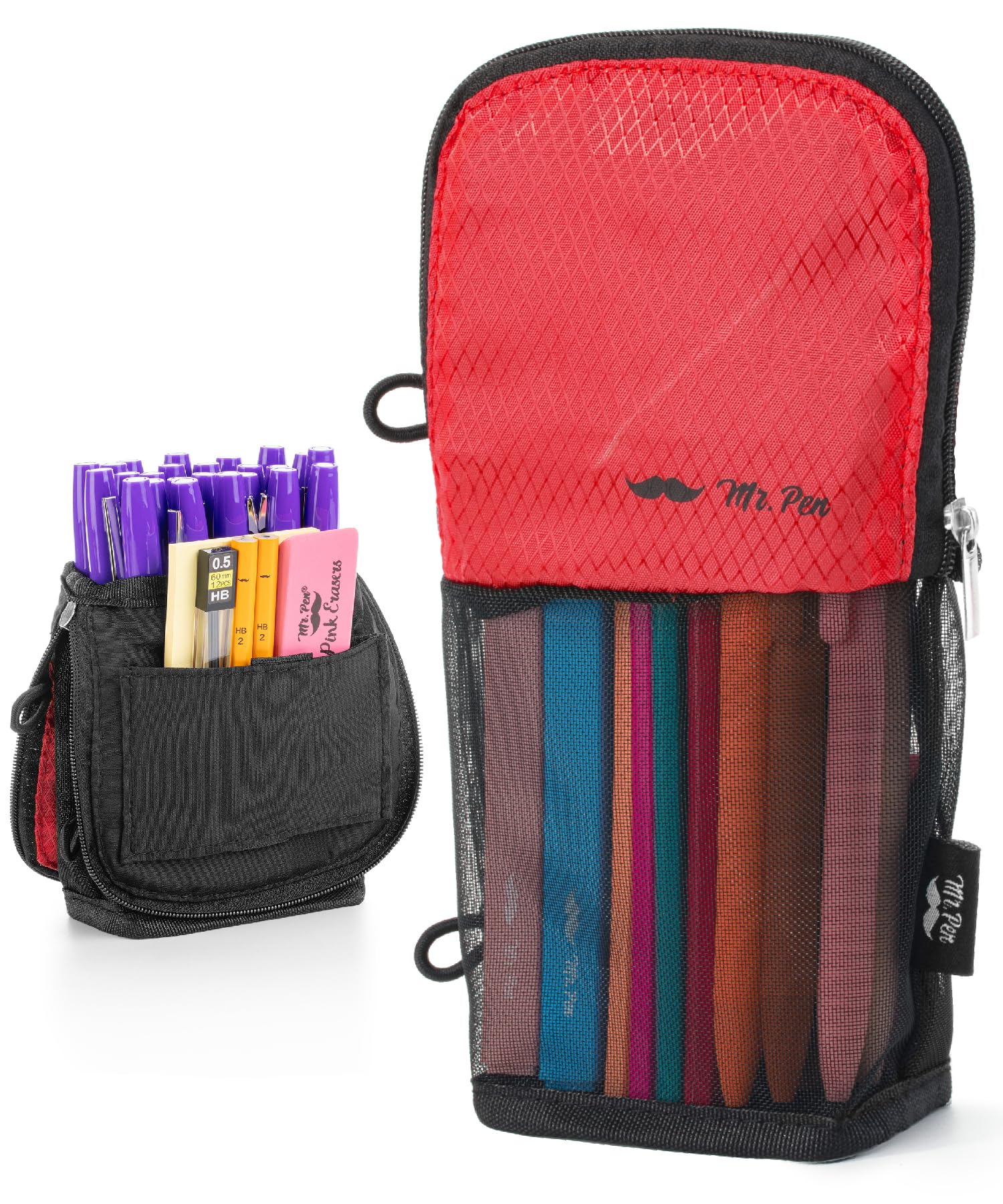 Photo 1 of Mr. Pen- Standing Pencil Case Pouch, Sit & Lay Mesh-View Design, Black & Red, Interior Pocket & 2 Elastic Binder Loops, Cute Pencil Case for Girls and Boys