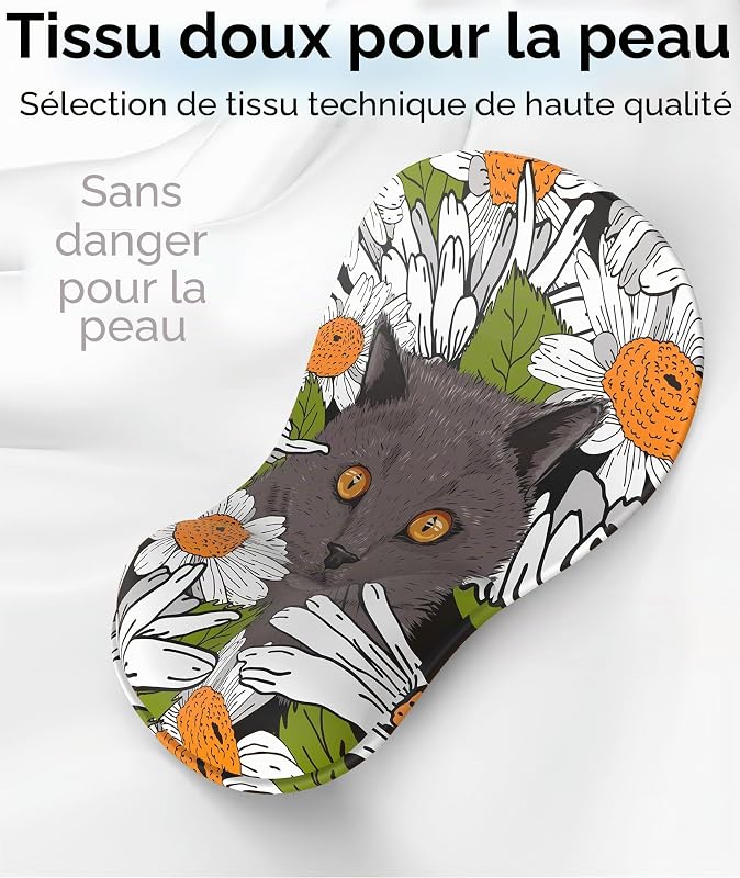 Tapis de Souris avec Support pour Repose-Poignets en Gel, Ergonomique Concave à Support Doux et Base antidérapante (Z-Chat-4)