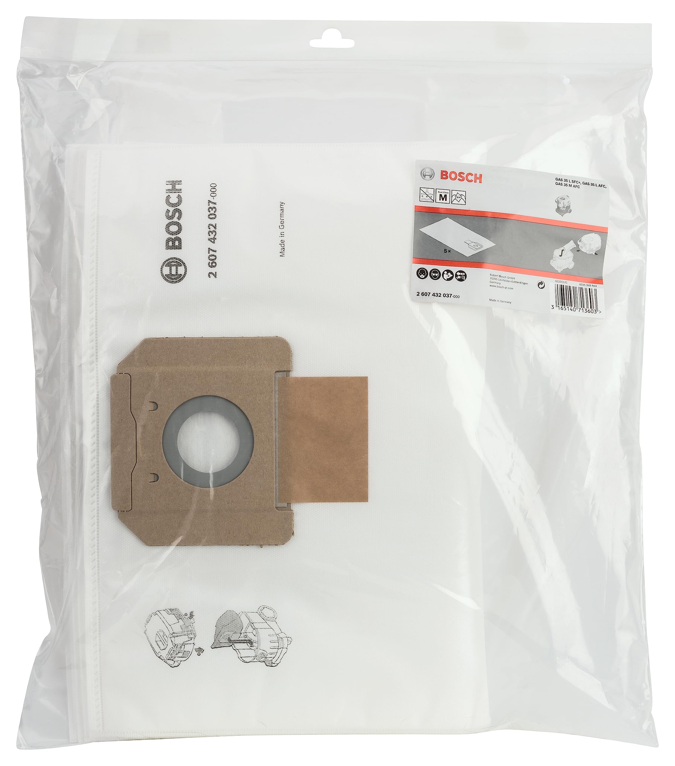 Bosch 5X Fleece Filter Bag (Replacement Bag for Gas 35 L AFC/L SFC+/M AFC Professional, for Dry Vacuuming, Accessories for Dust Extractors)