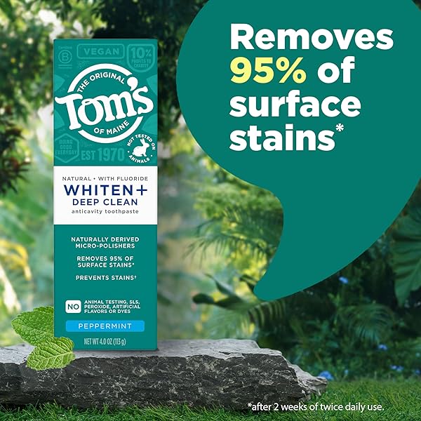 TOM’S OF MAINE WHITEN PLUS DEEP CLEAN WHITENING TOOTHPASTE, NATURAL WHITENING TOOTHPASTE WITH PLANT-BASED CLEANSERS, ENAMEL SAFE FORMULA, WHITENS WITHOUT CAUSING SENSITIVITY, PEPPERMINT, 4.0 OZ