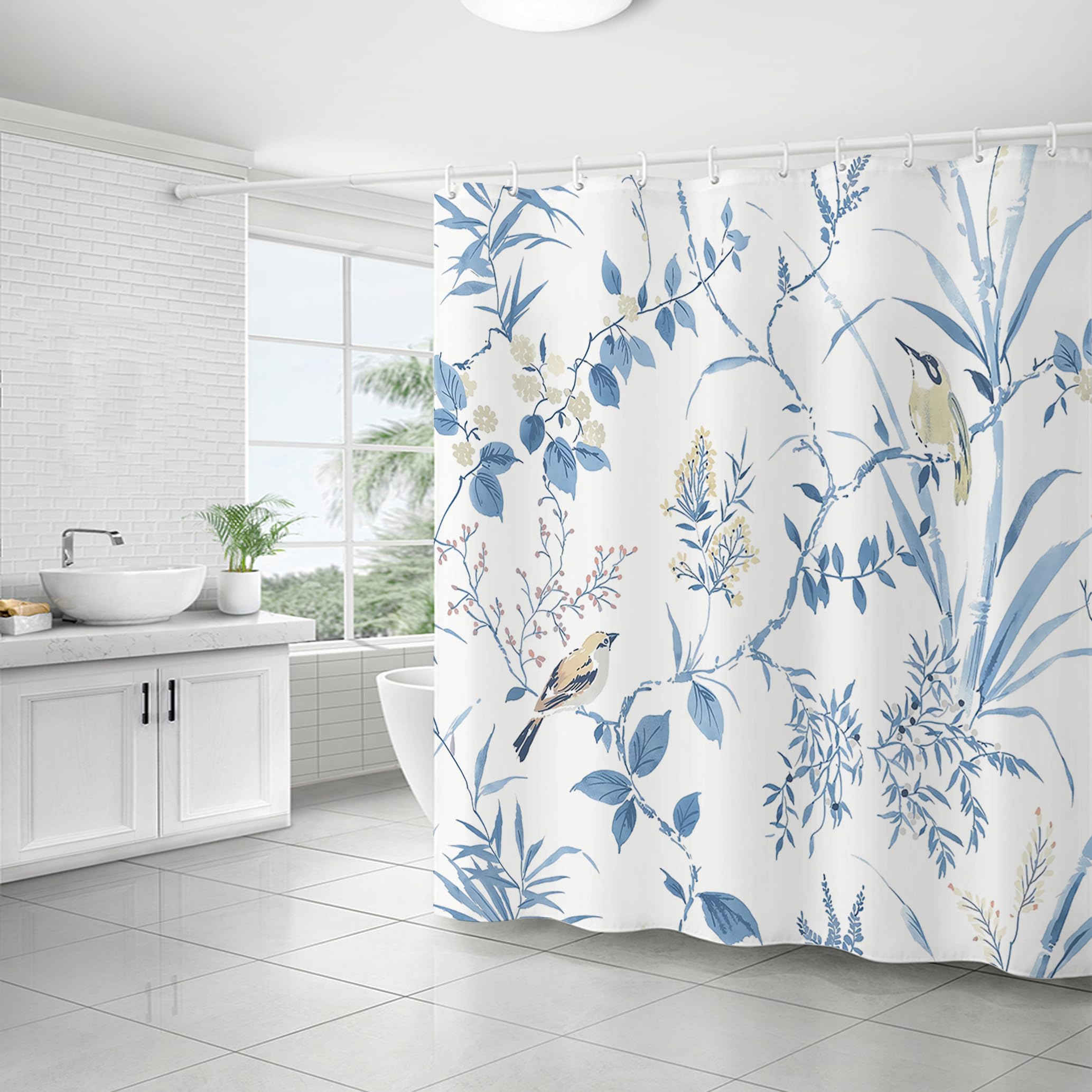 WELTRXE Shower Curtain Mould Proof Mildew Resistant, 183X183cm, Water Reisistant Polyester Fabric Shower Curtain with 12 Hooks, Weighted Hem, Blue Plant with Bird Pattern Bathtub Curtain, Quick Dry