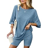 Ekouaer Women 2 Piece Lounge Sets Ribbed Knit Oversized Shirt Biker Shorts | Loose Top and Bodycon Shorts Set,Summer Outfits,