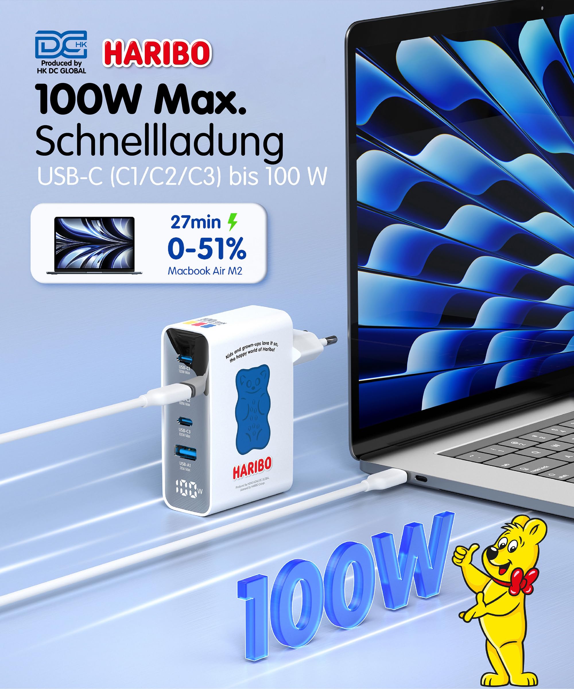 Haribo 100W USB C Ladegerät, 4-Port Schnellladegerät USB-C Netzteil mit LED Display, GaN Charger PD/PPS für MacBook Pro/Air, iPhone 17/16, Galaxy S25/S24, Laptop, iPad, Switch, Kompakt Geschenk, Blau 2