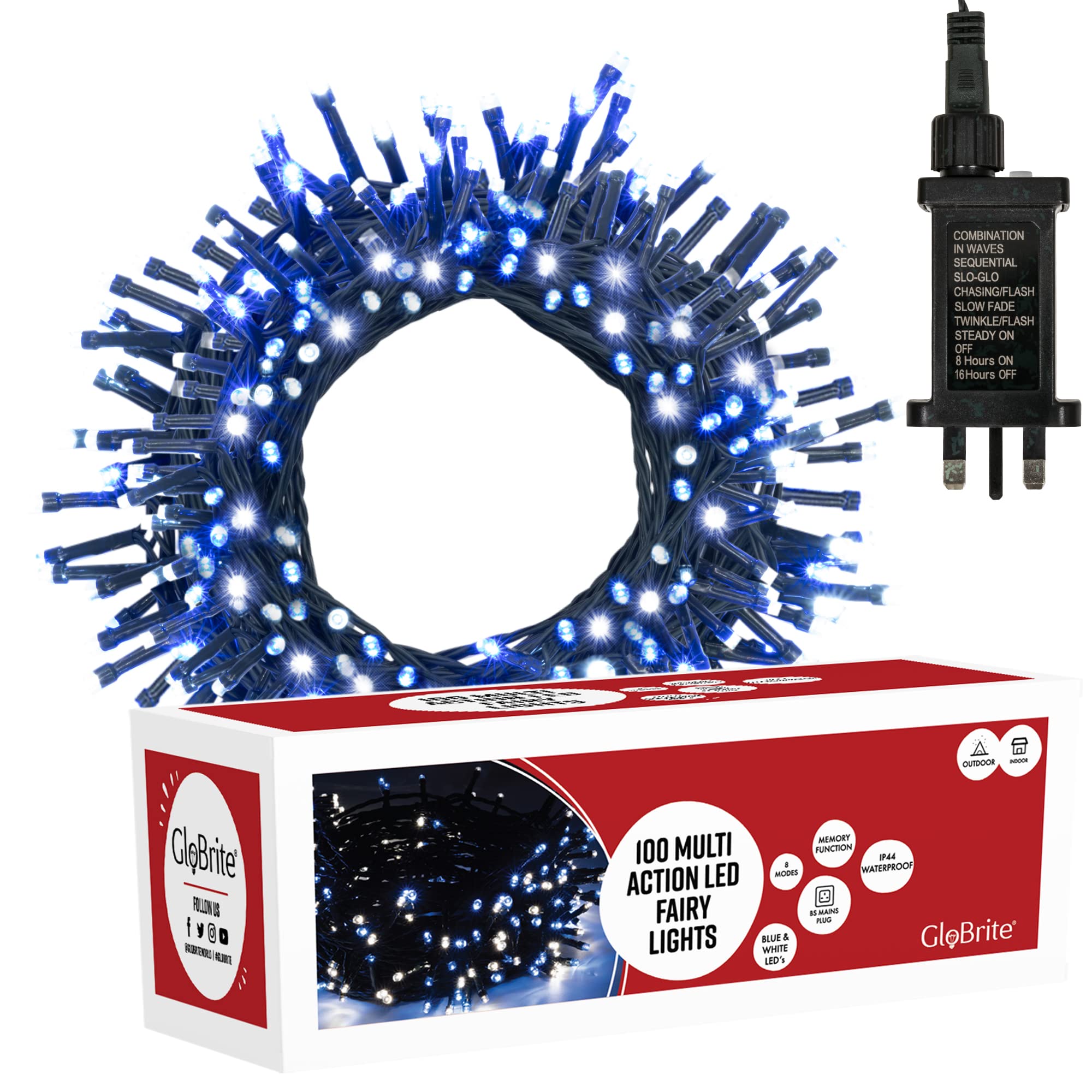 GloBrite 100 LED Fairy Lights - Versatile Christmas Lights with 8 Modes, Outdoor Fairy Lights, Christmas Tree Lights and Christmas Decorations - Waterproof Christmas Lights Outdoor - Blue/White