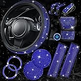 CAR PASS 11 PCS Bling Diamond Car Accessories for Women, Sparkly Rhinestone Steering Wheel Cover, Bling Seat Belt Cushion, Glitter Shift Knob Cover, Car Cup Holder Coaster, Cute Interior Sets Blue