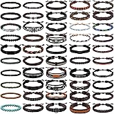 Equsion 50 Pcs Braided Leather Bracelets for Men Women Wrap Wooden Bead Cuff Bracelet Hemp Cords Ethnic Tribal Handmade Wrap Wristband Bracelets Set Adjustable for Personal Wearing