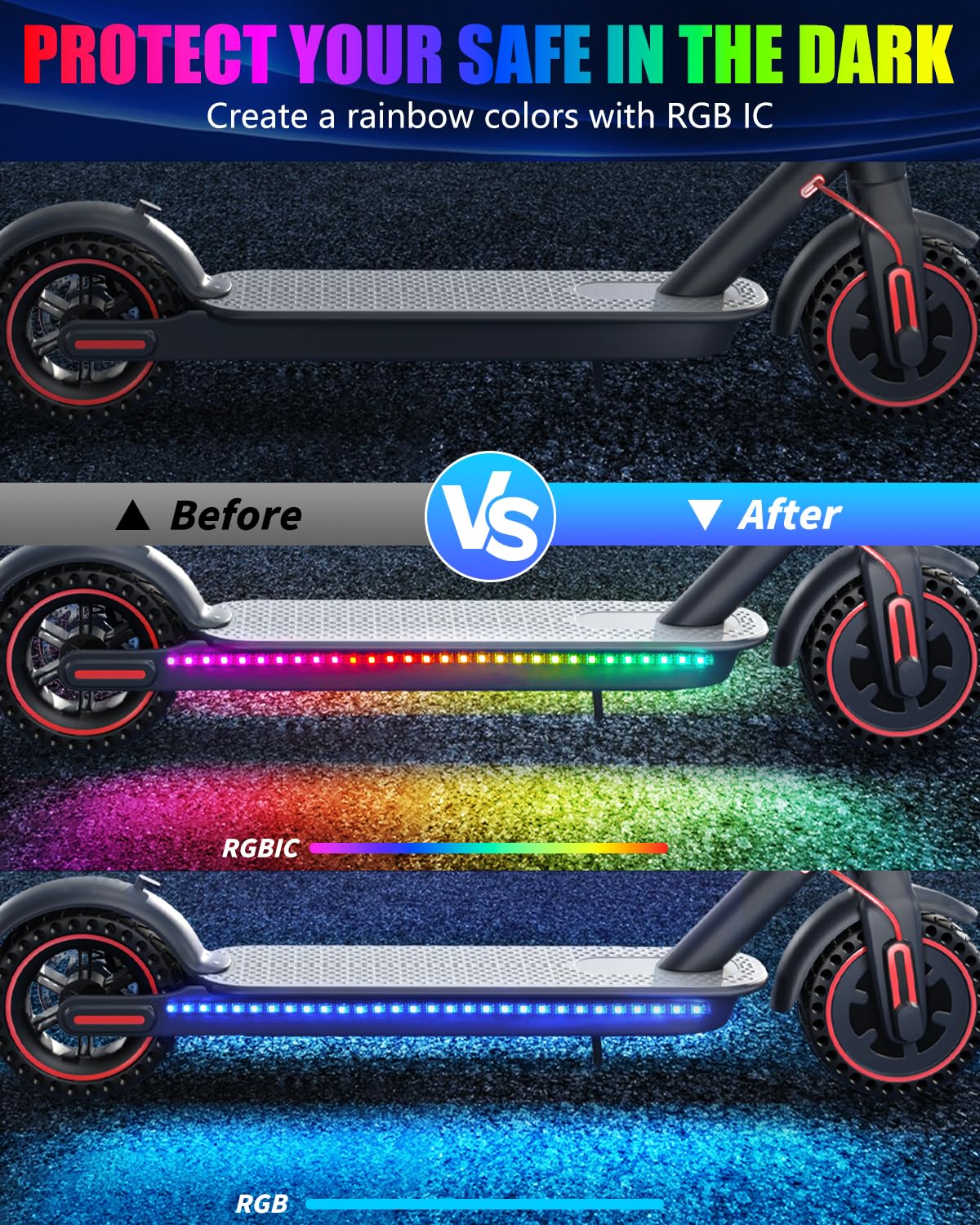 Keiurot Scooter LED Light Strips for Night Riding 5V High Bright Skateboard Lights APP Control RGBIC Waterproof Electric Scooter Accessories 2 in 1