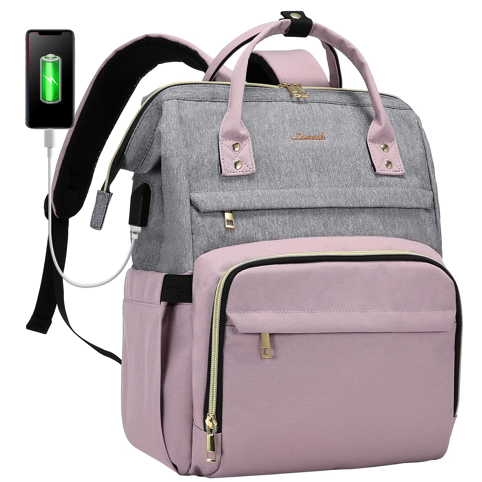 LOVEVOOK Laptop Backpack Women 15.6 inch, Work Bags for Womens, School Computer Bag with USB Port for Business College Travel, Rucksack for Teacher Nurse,PurpleGrey