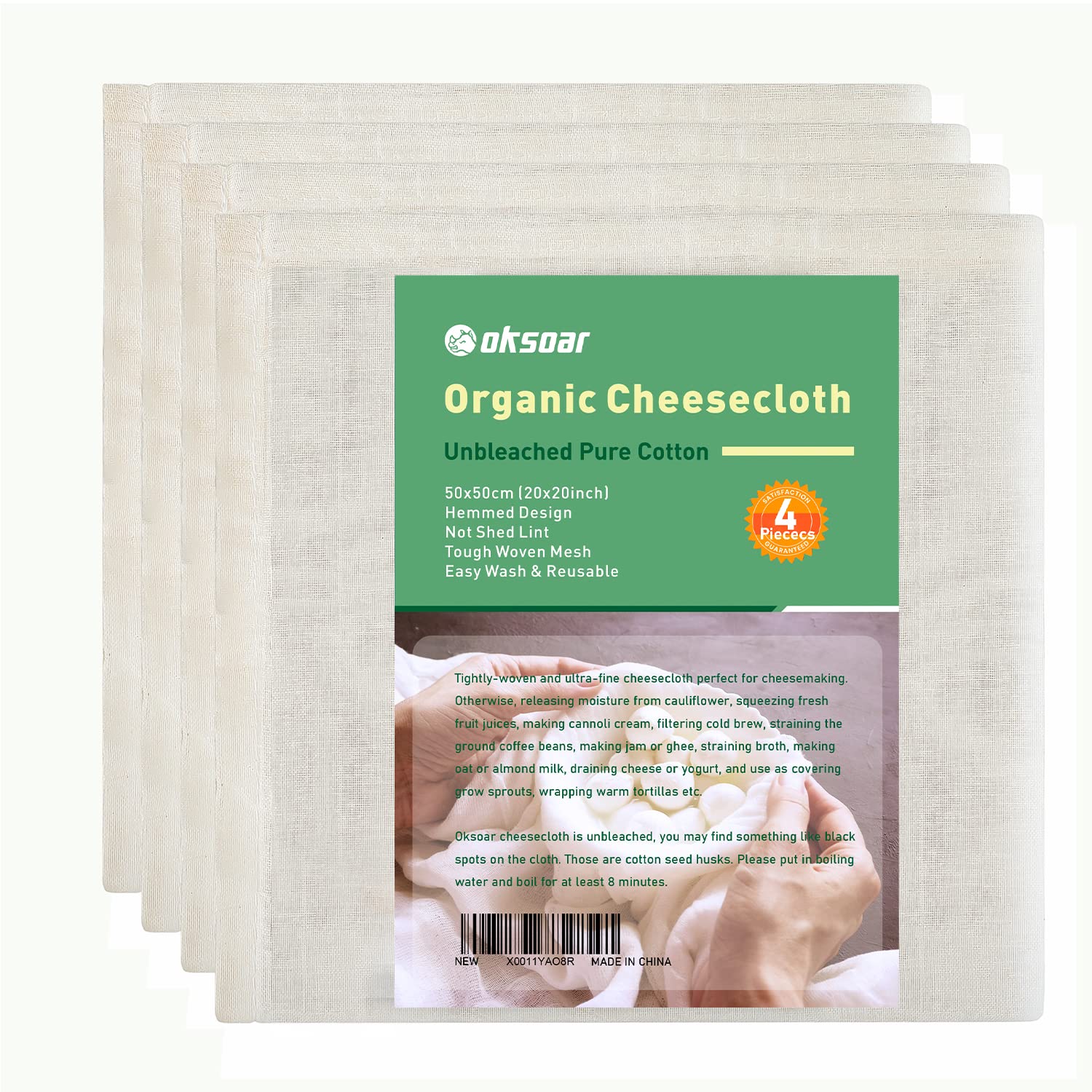 Unbleached Pure Cotton Cheesecloth - Fine Woven Density 90 Gauze, 50 x 50 cm, Washable and Reusable Filter Cloth (Pack of 4)