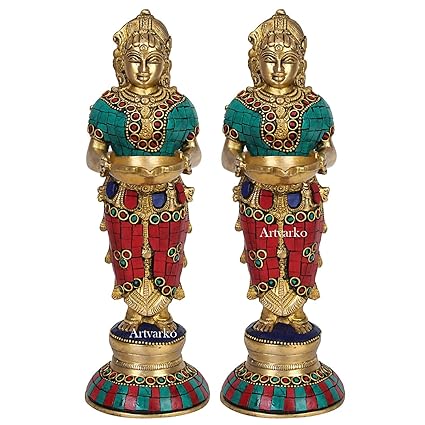 Artvarko Brass Deep Laxmi Pair (Set of Two) with Coral Gemstone Work | Meenakshi Devi Holding Oil Diya Deepluxmi Deeplaxmi