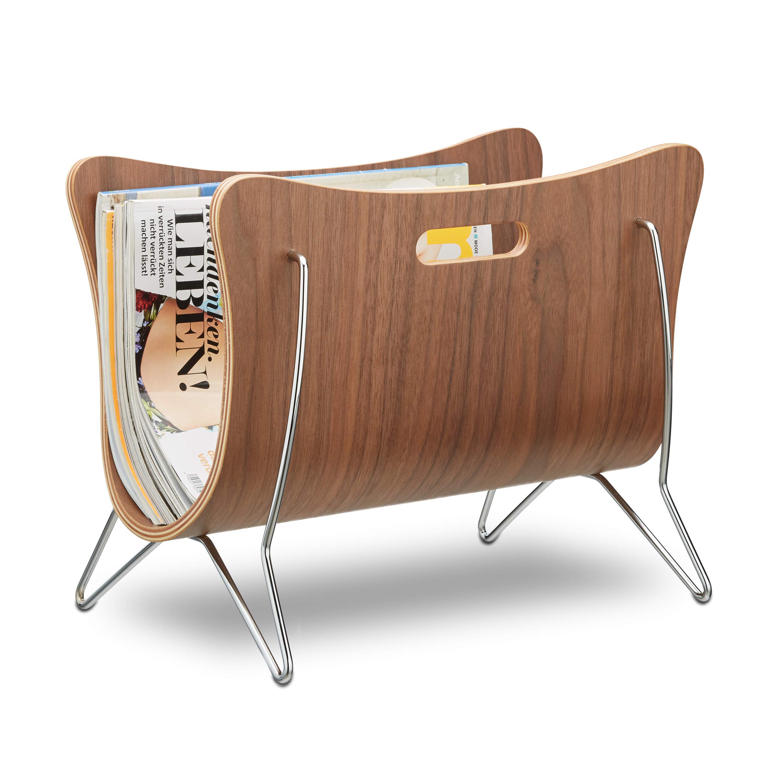 Relaxdays Wooden Newspaper Stand, Bentwood, Magazine Rack, Modern Design, Robust, with Handles, HxWxD: 30 x 37 x 25 cm, Brown
