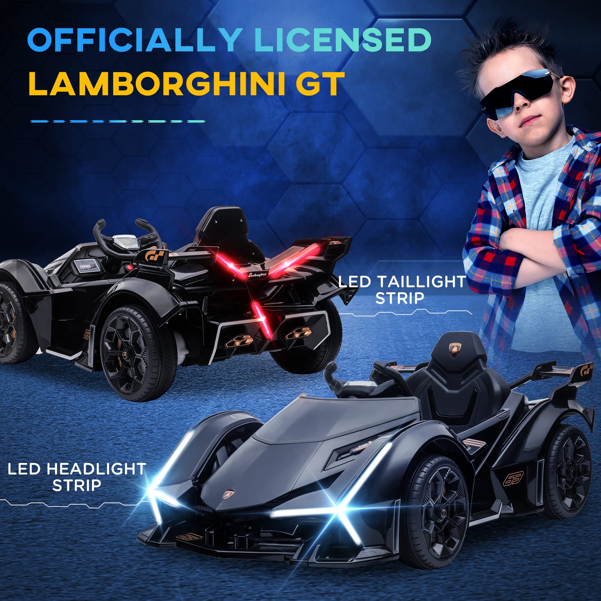 Aosom 12V Electric Ride-on Car, Licensed Lamborghini V12 Vision Gran Turismo Battery-Powered Ride-on Toy with Remote Control, Music, LED Lights, for 3-6 Year Old Boys and Girls, Black